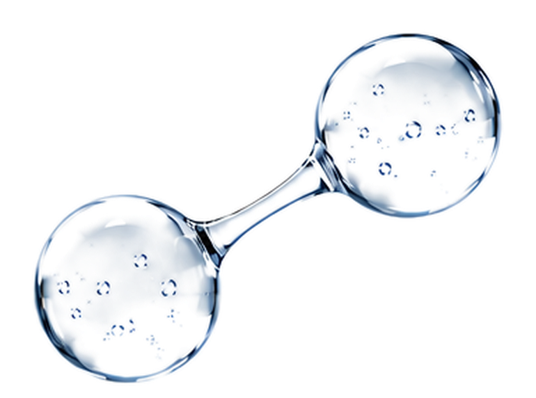 Floating transparent hydrogen molecule representing purity, science and THIC innovation