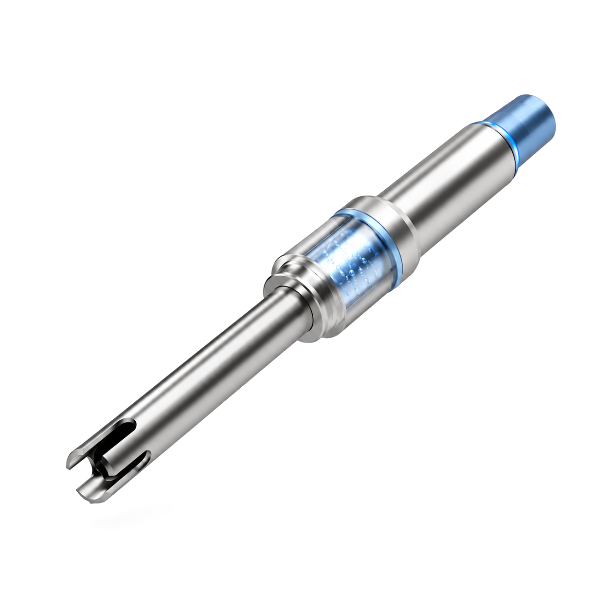 Floating stainless-steel hydrogen measurement probe with glass chamber and blue molecular hydrogen detail